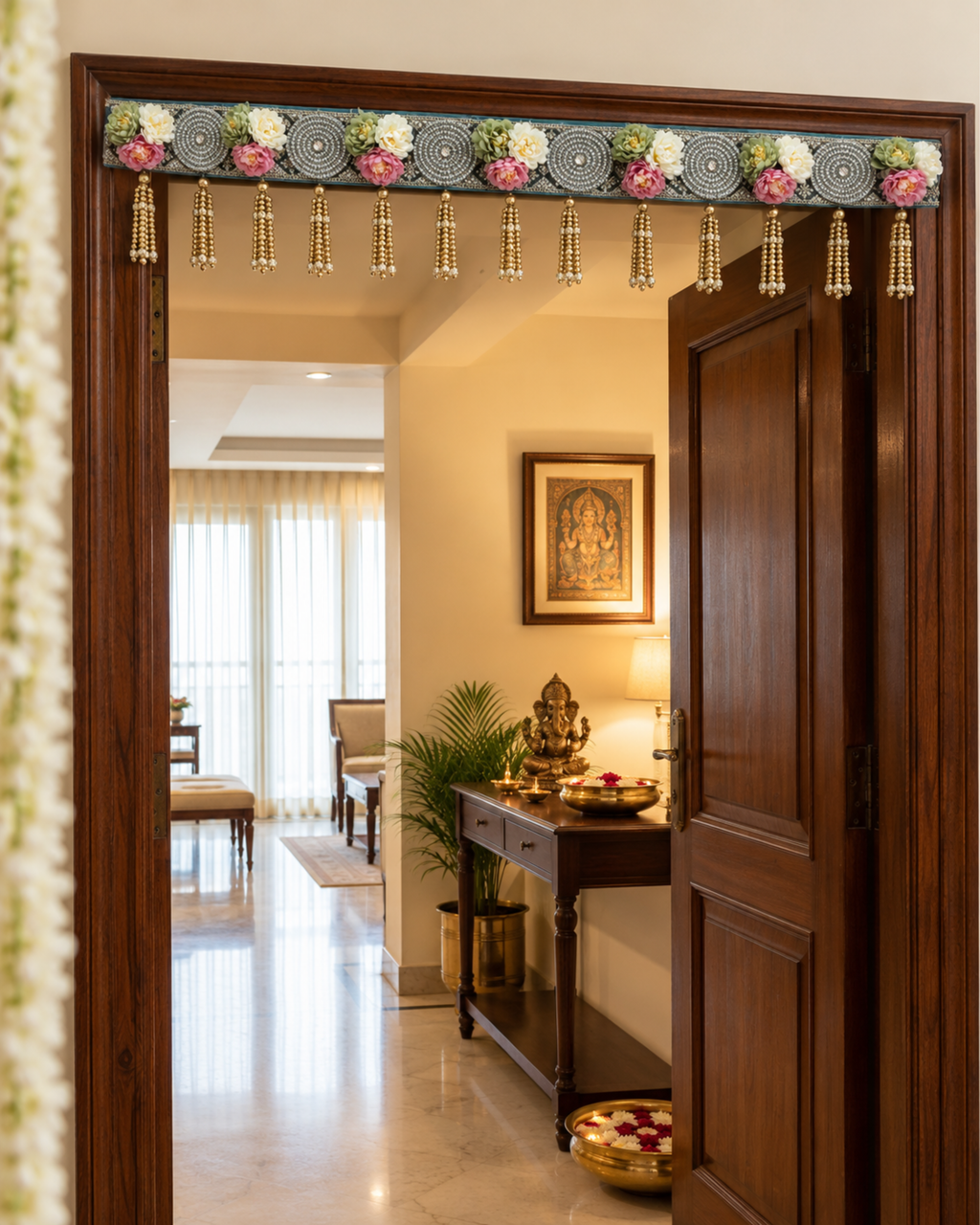 Floral Mirror Work Pearl Hanging Bandanwar