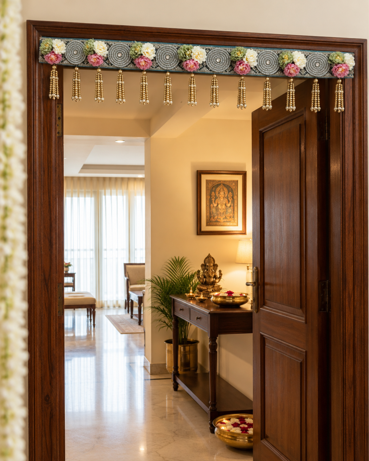 Floral Mirror Work Pearl Hanging Bandanwar