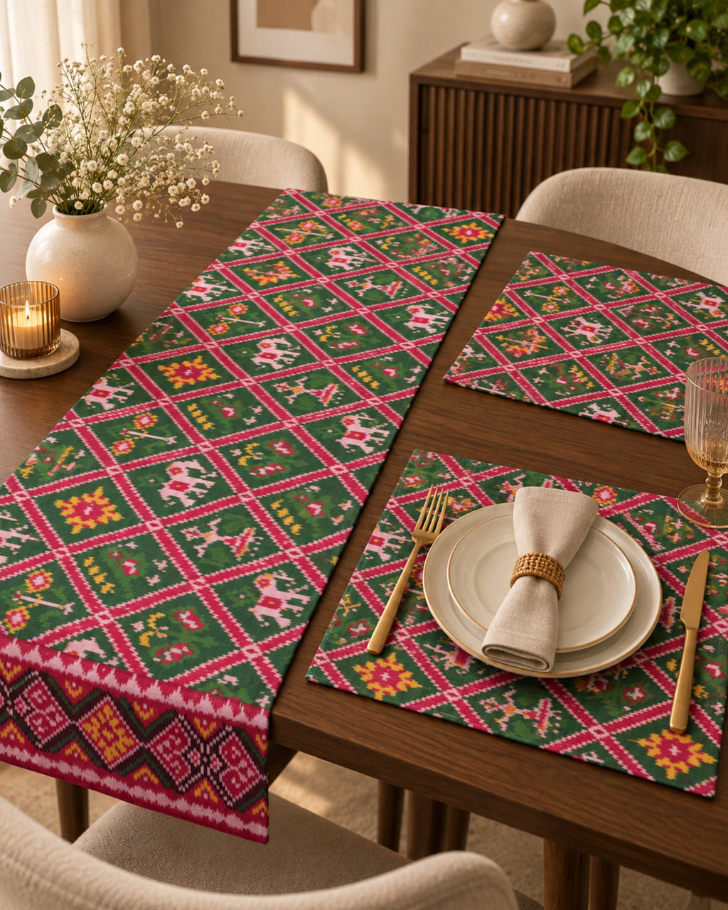 Green Double Ikkat Dining Table Set