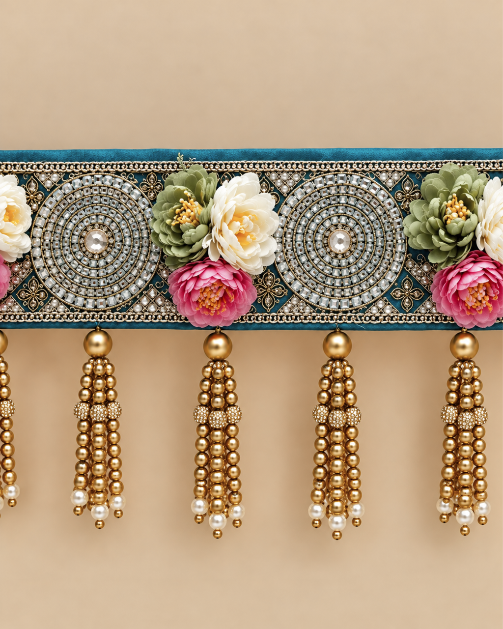 Floral Mirror Work Pearl Hanging Bandanwar