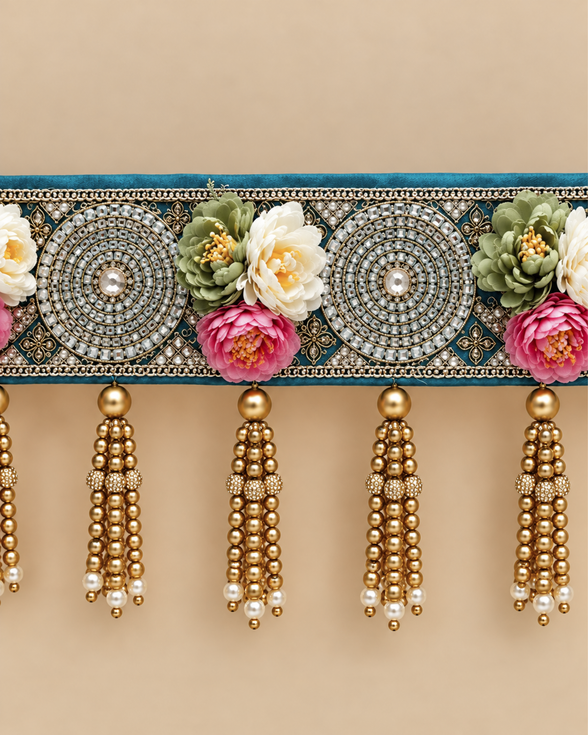 Floral Mirror Work Pearl Hanging Bandanwar
