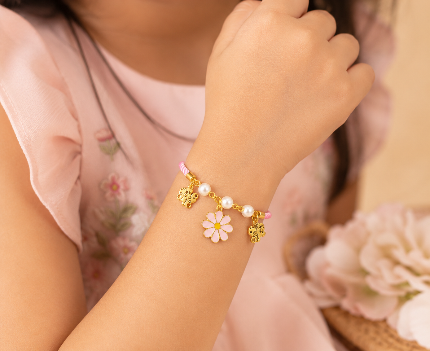 Kids Pink Flower Charm Bracelet