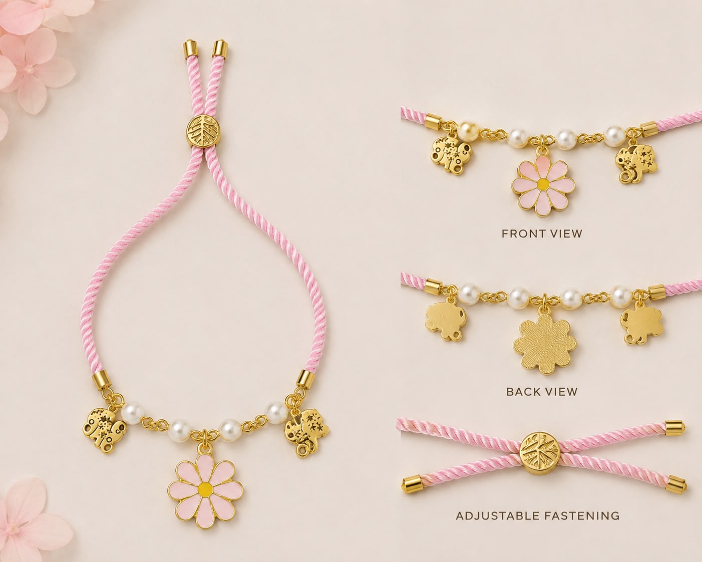 Kids Pink Flower Charm Bracelet