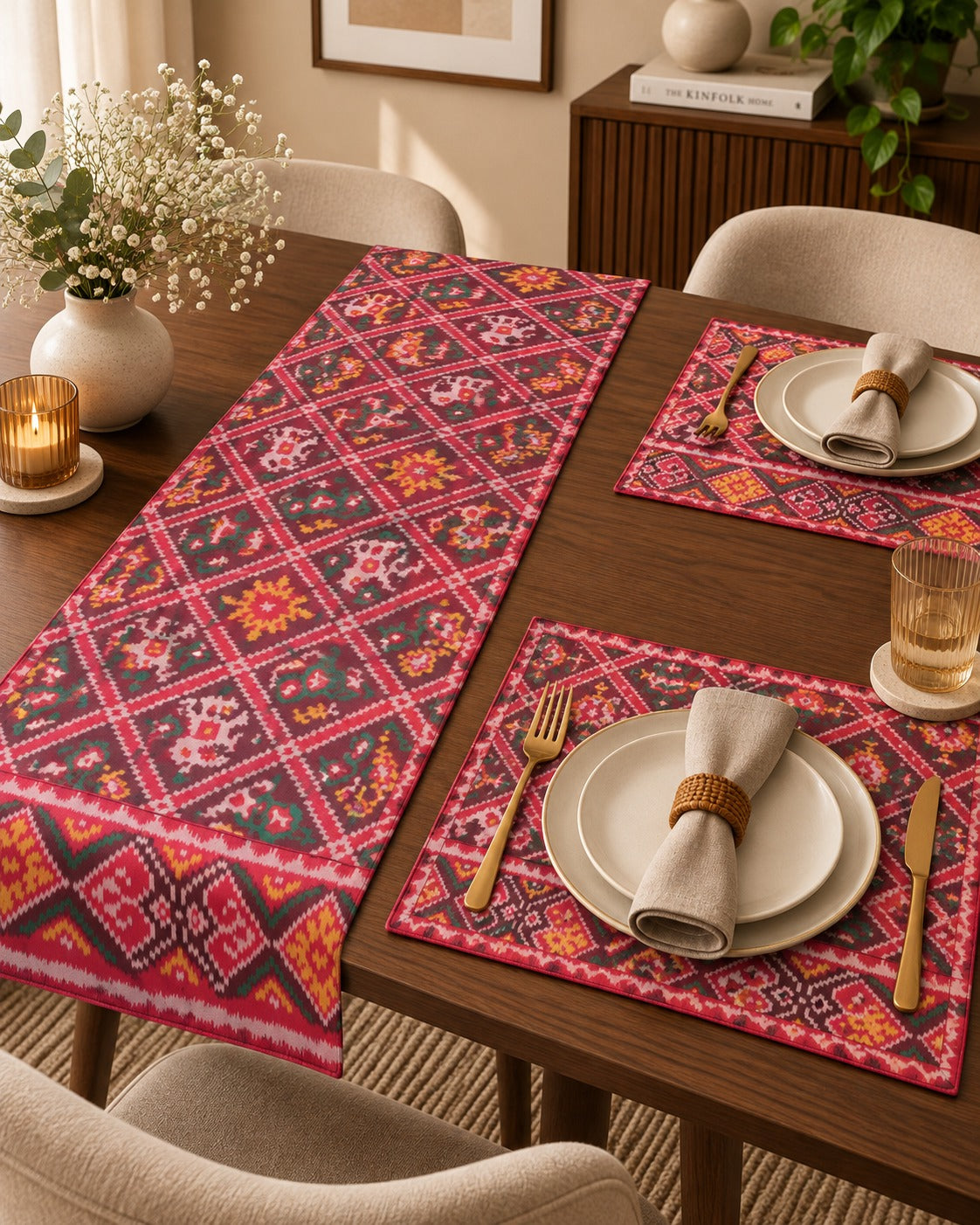 Maroon Double Ikkat Patola Dining Table Set