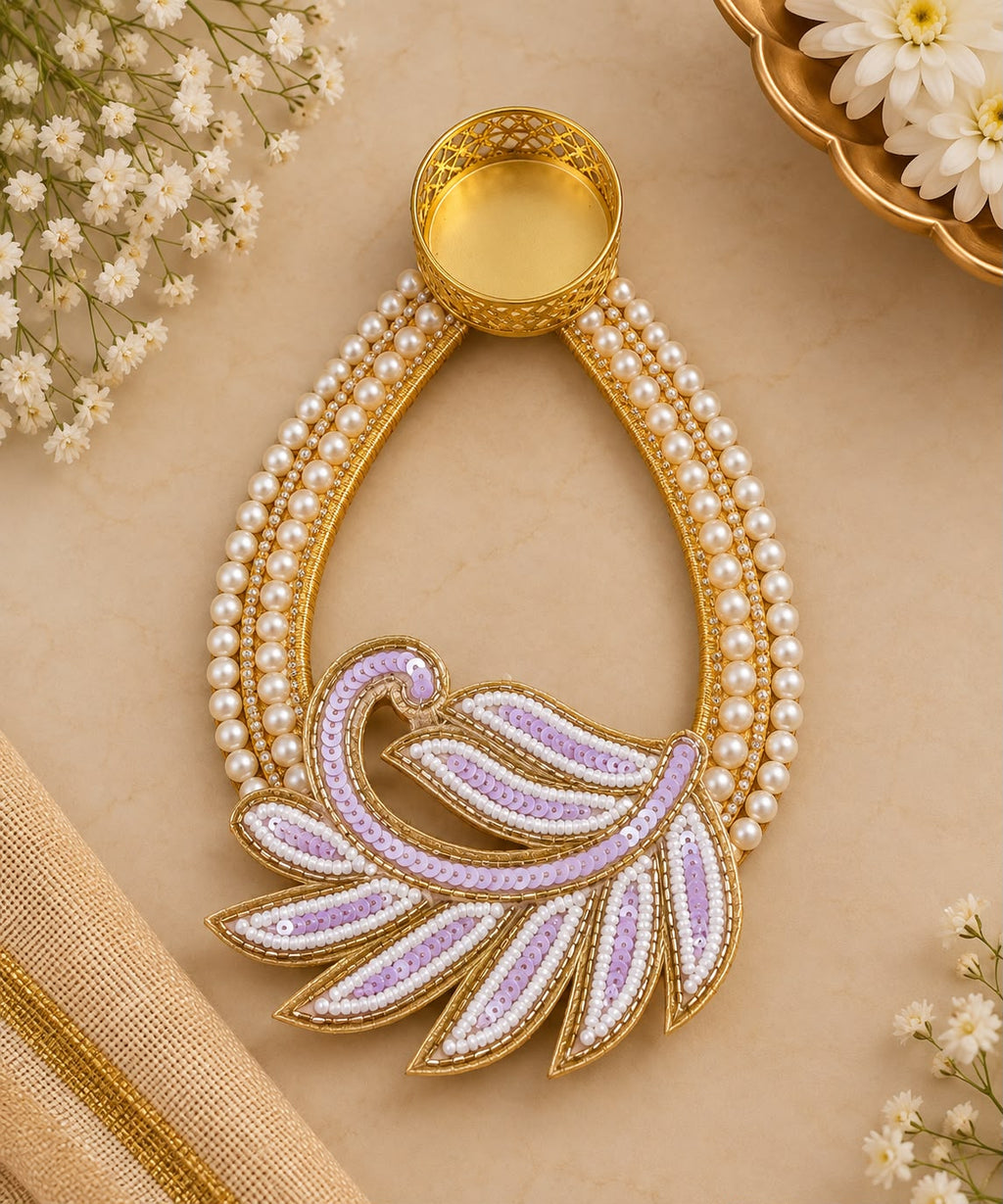 Floral pearl Diya rangoli mat