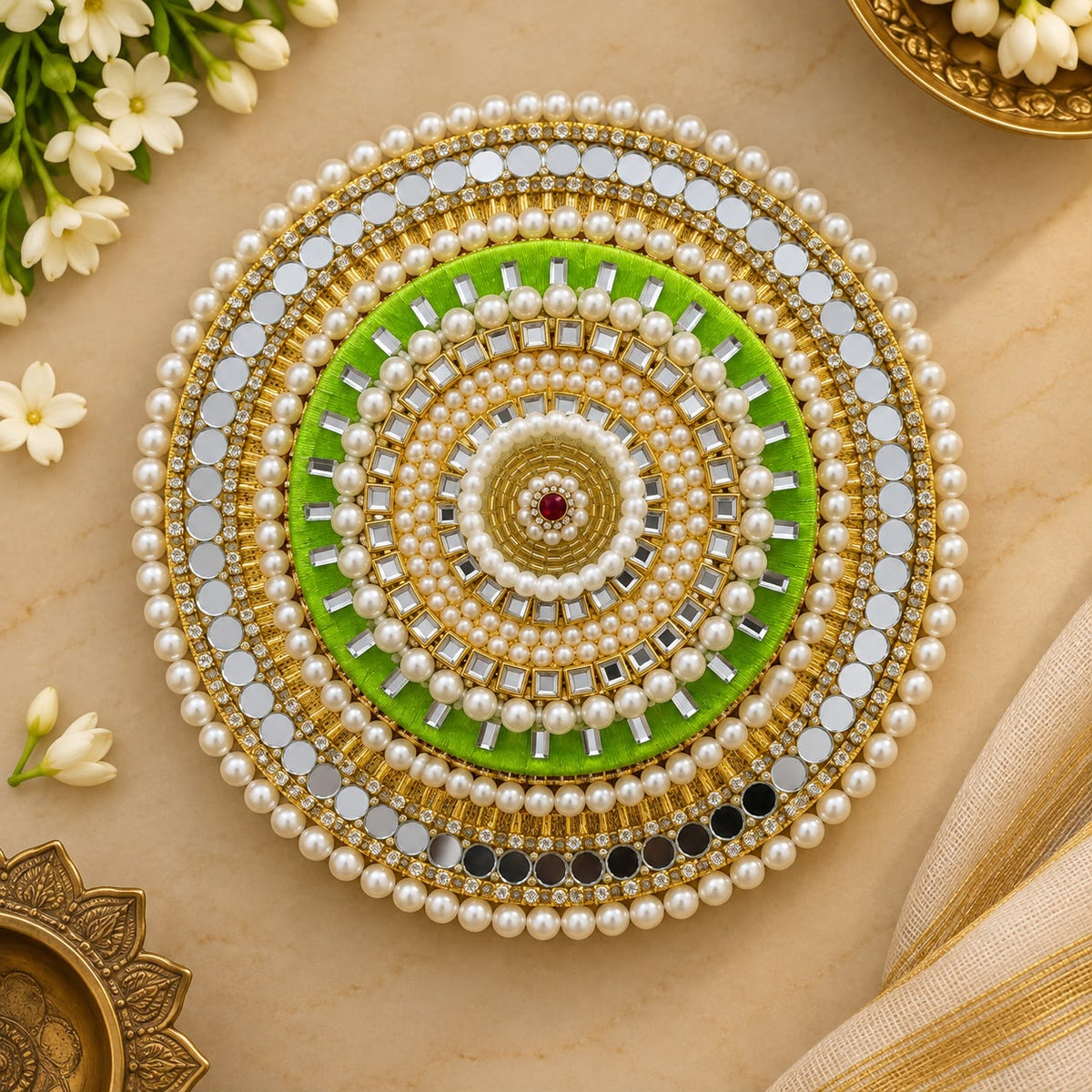 Green Lotus Pearl Rangoli Mat