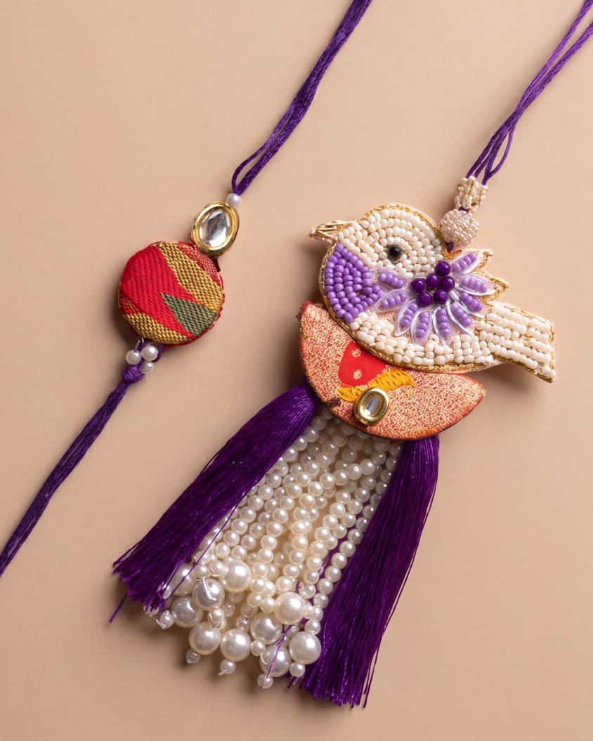 Bird Motif Paithani Rakhi Set