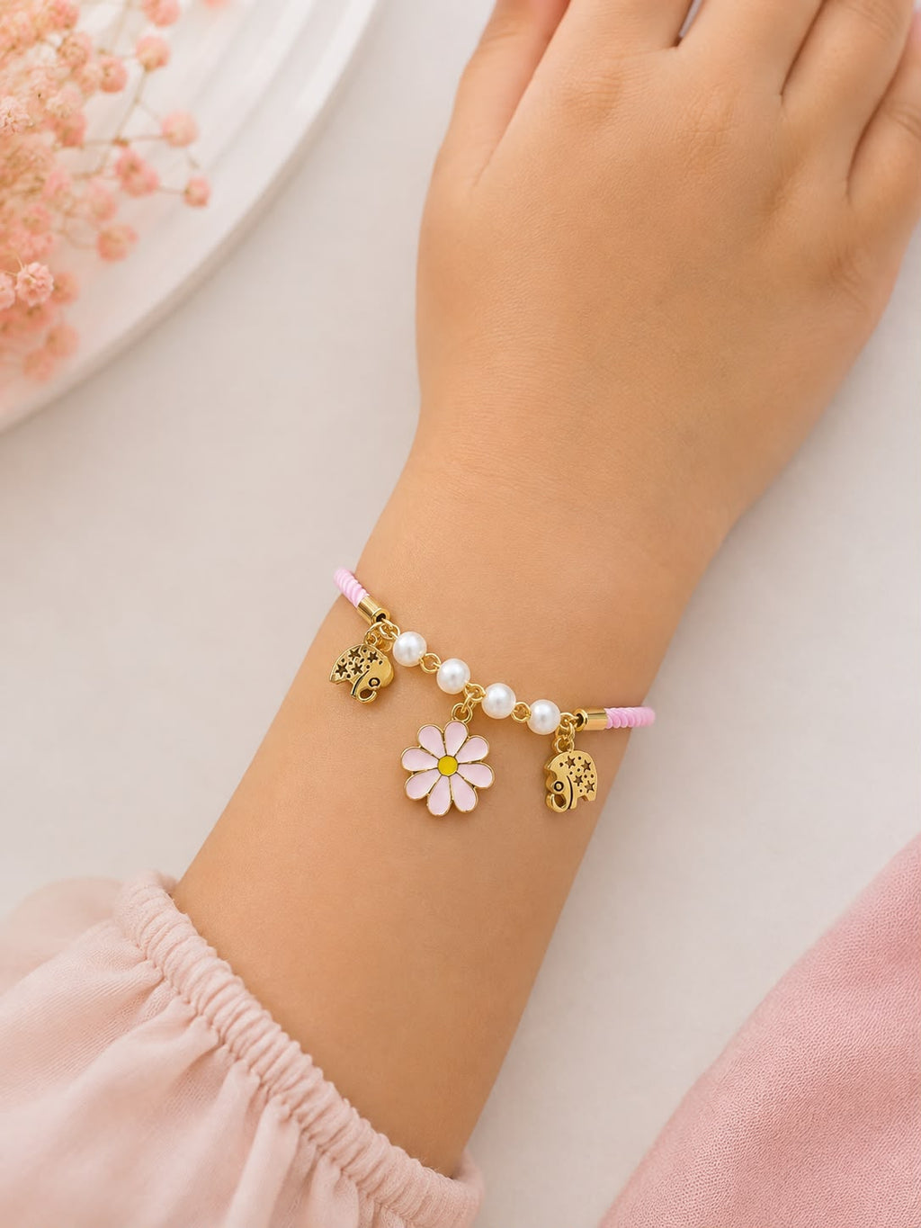 Kids Pink Flower Charm Bracelet