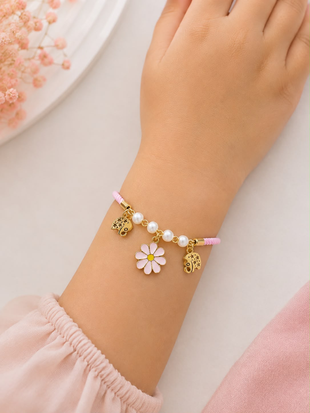 Kids Pink Flower Charm Bracelet