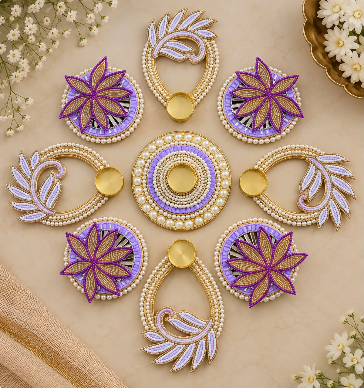 Floral pearl Diya rangoli mat