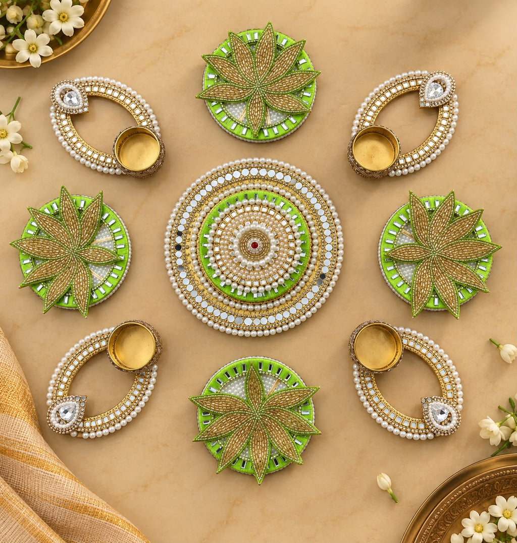 Green Lotus Pearl Rangoli Mat