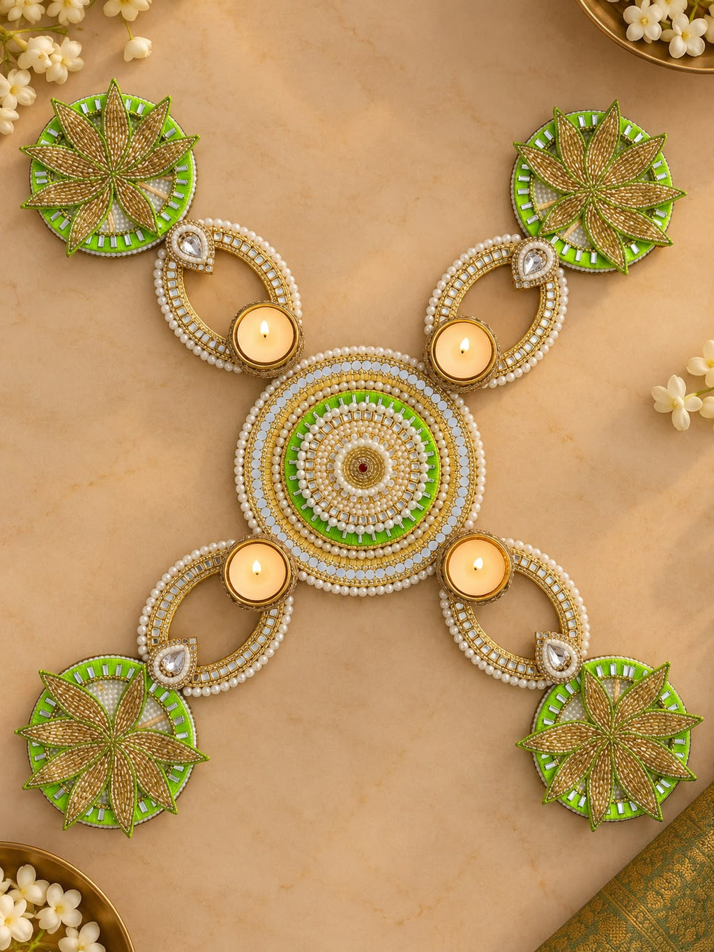 Green Lotus Pearl Rangoli Mat
