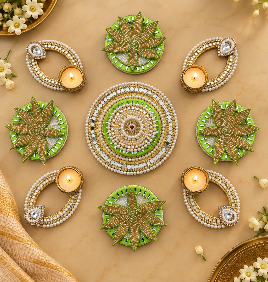 Green Lotus Pearl Rangoli Mat