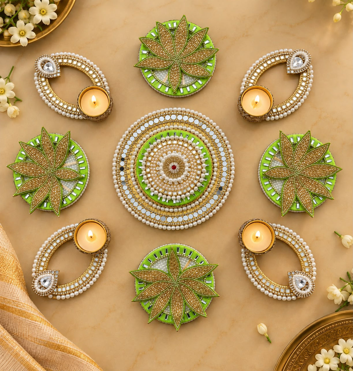 Green Lotus Pearl Rangoli Mat