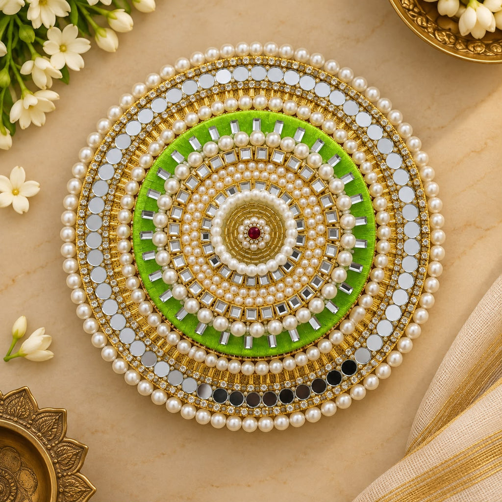 Green Lotus Pearl Rangoli Mat