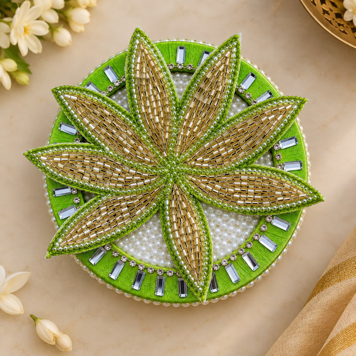 Green Lotus Pearl Rangoli Mat