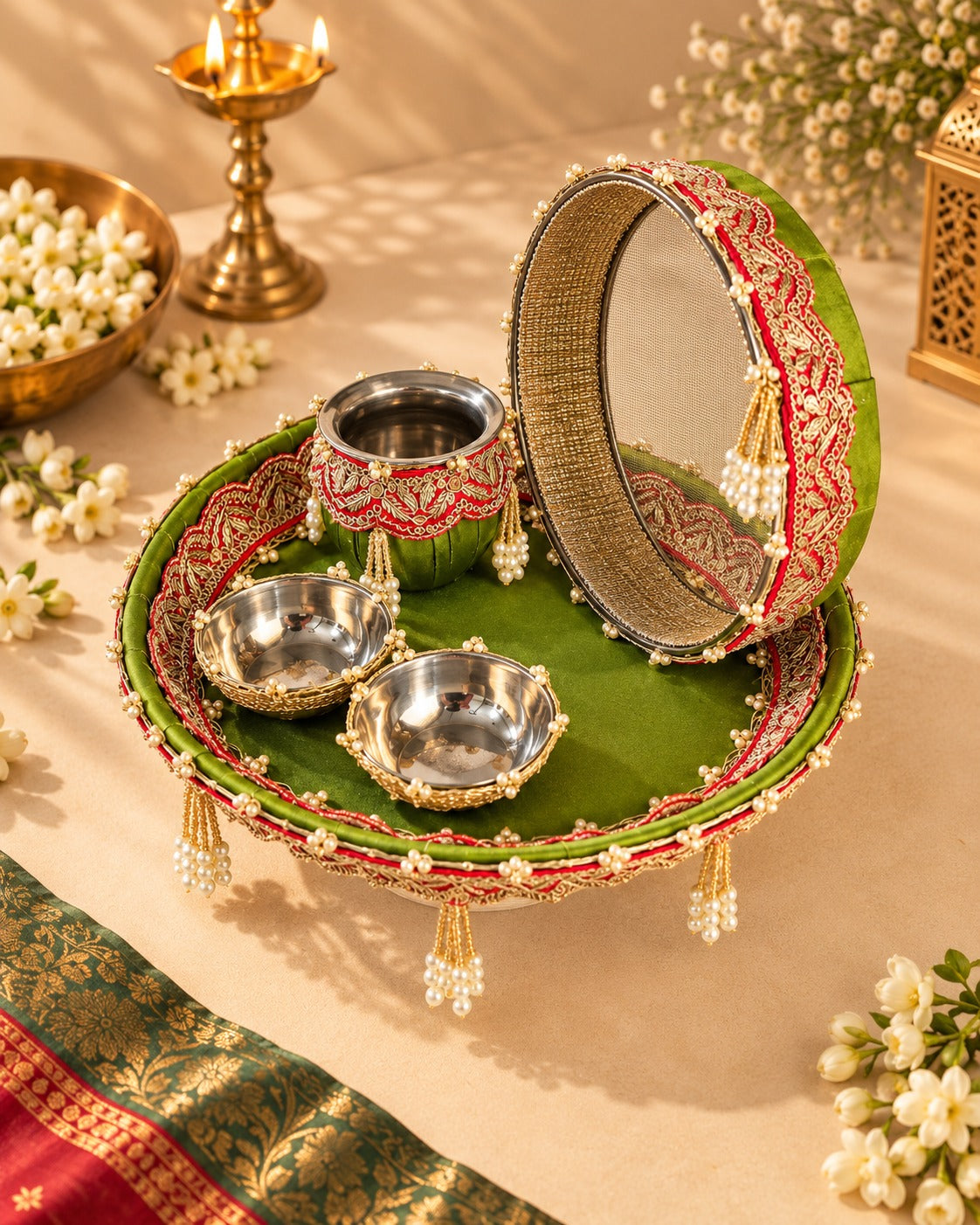 Green Karwa Chauth Thaali Set